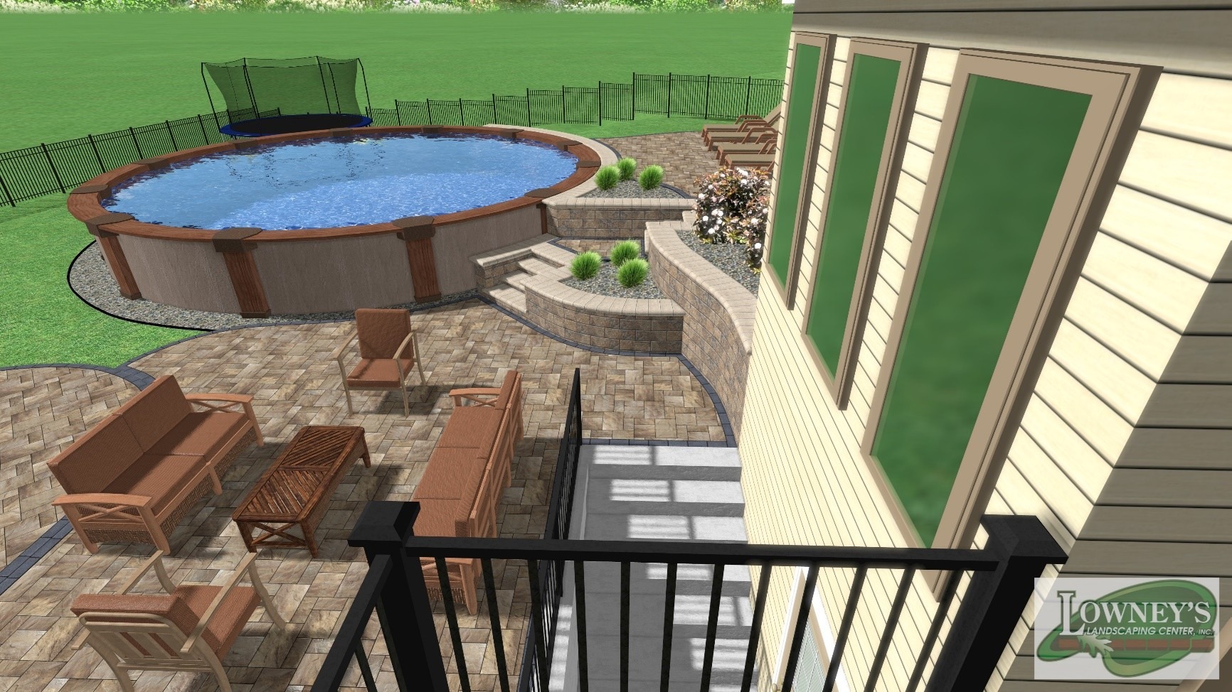 Backyard patio with above-ground pool and seating area