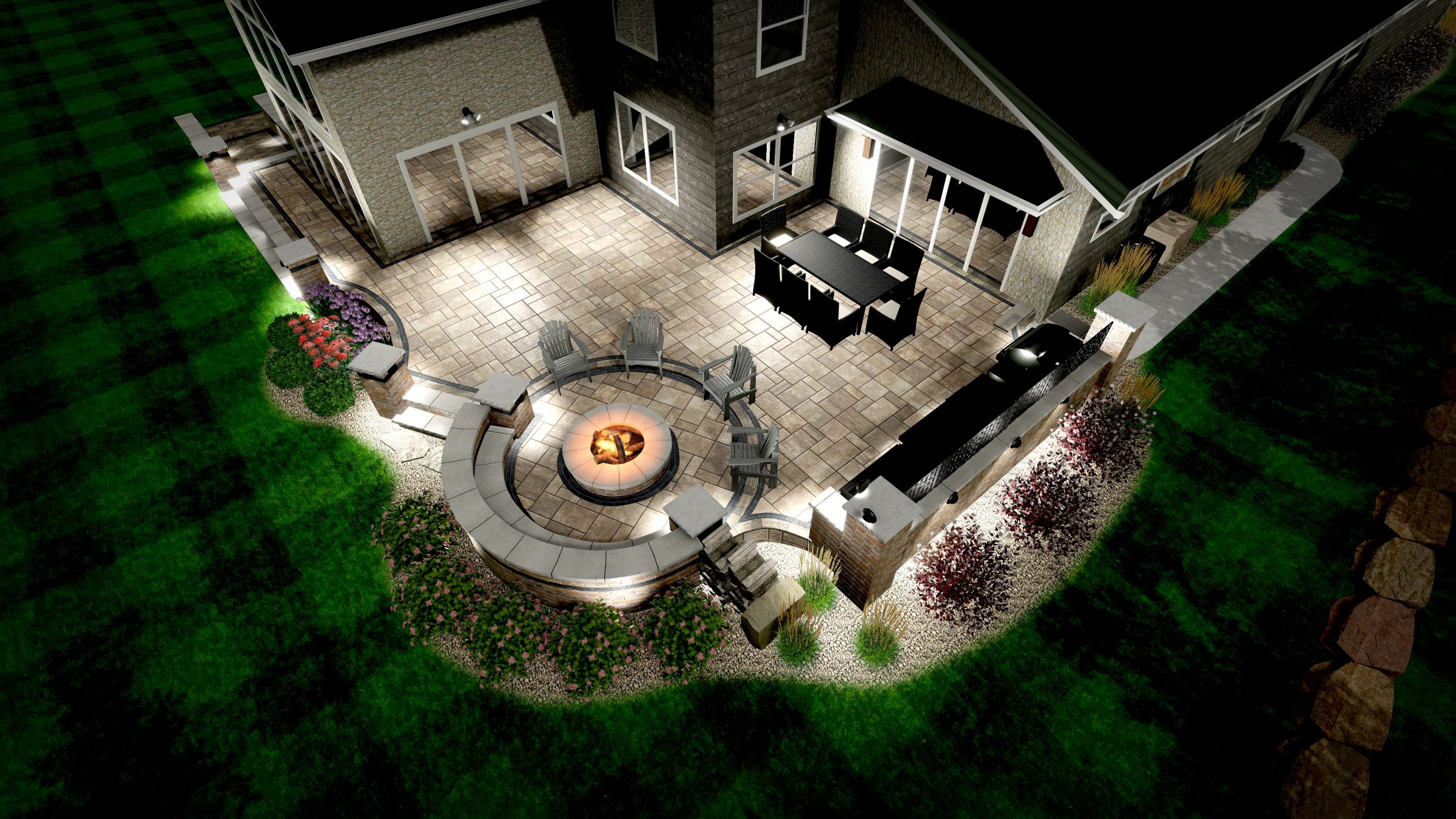 Backyard patio with fire pit and seating