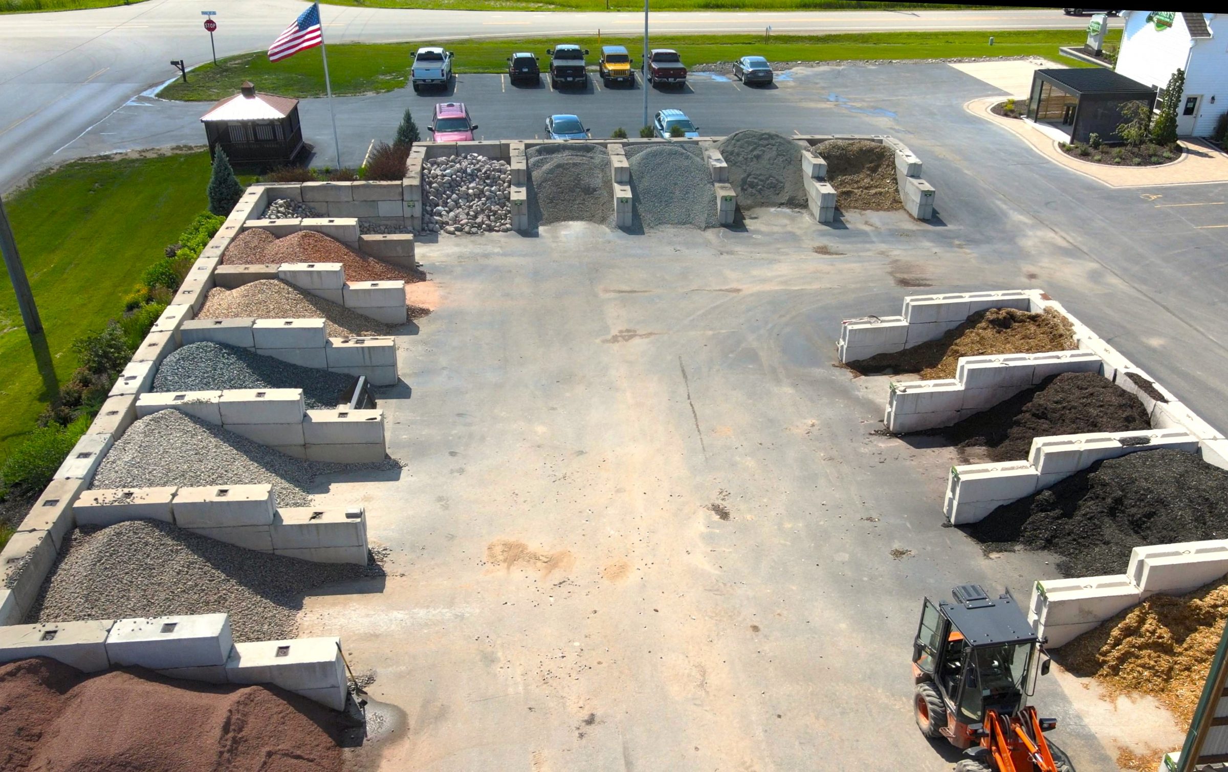 Aerial view of landscaping supply yard materials