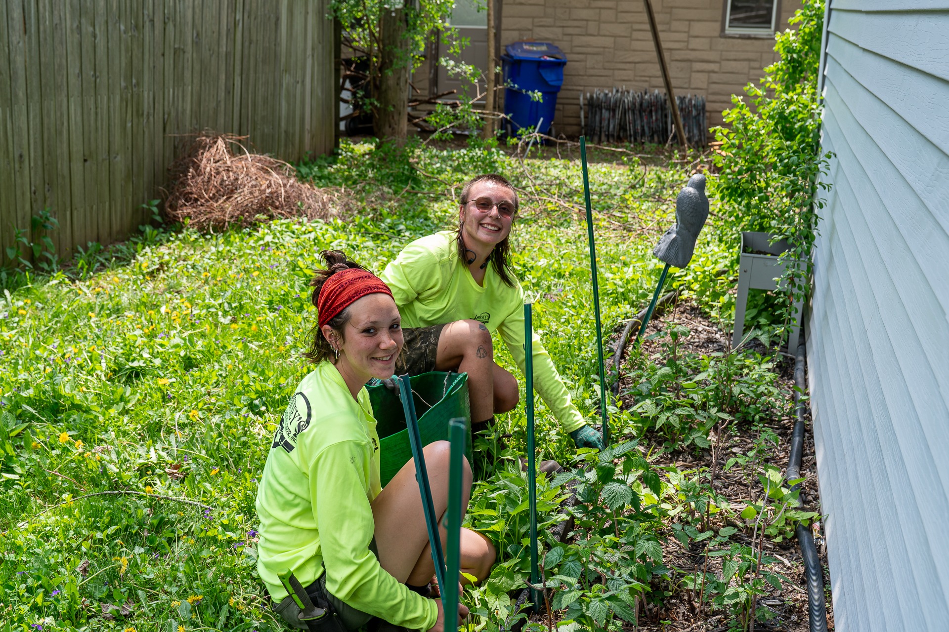 Two people gardening in backyard with plant stakes