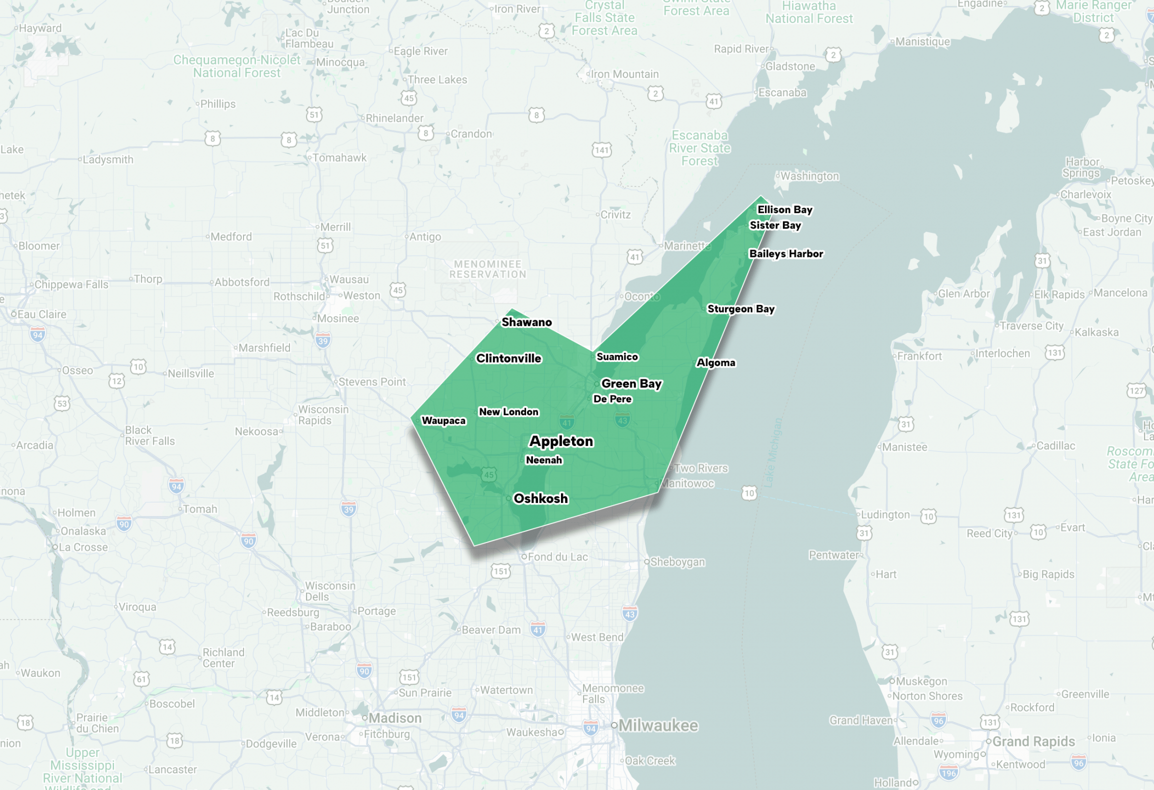 Service area map of Northeast Wisconsin region