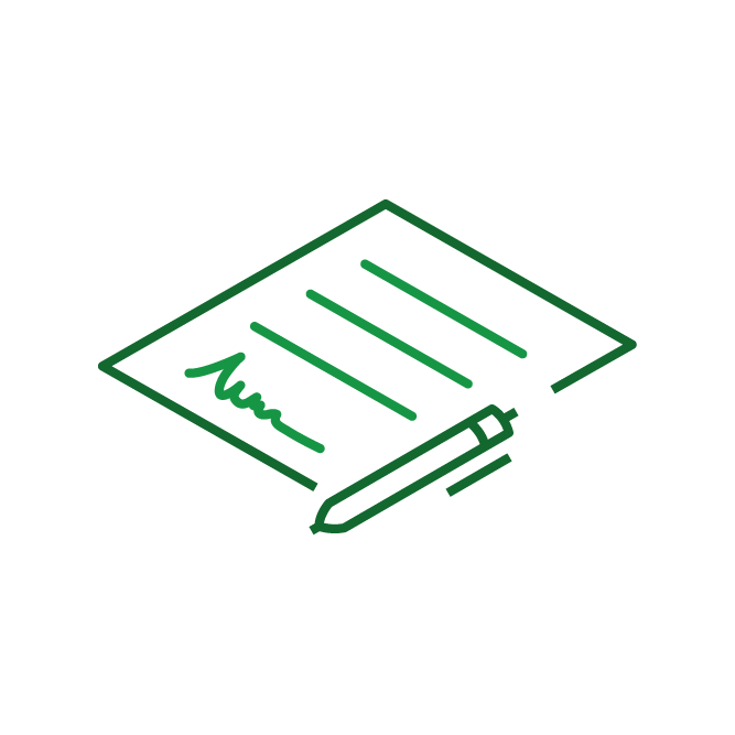 Green document with signature and pen icon