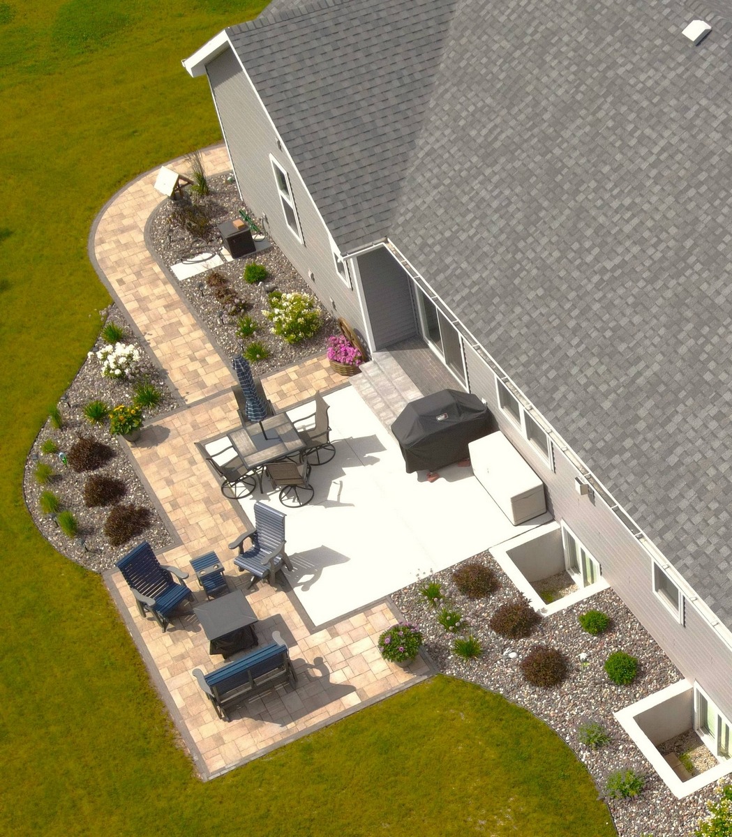 Aerial view of backyard patio with outdoor furniture