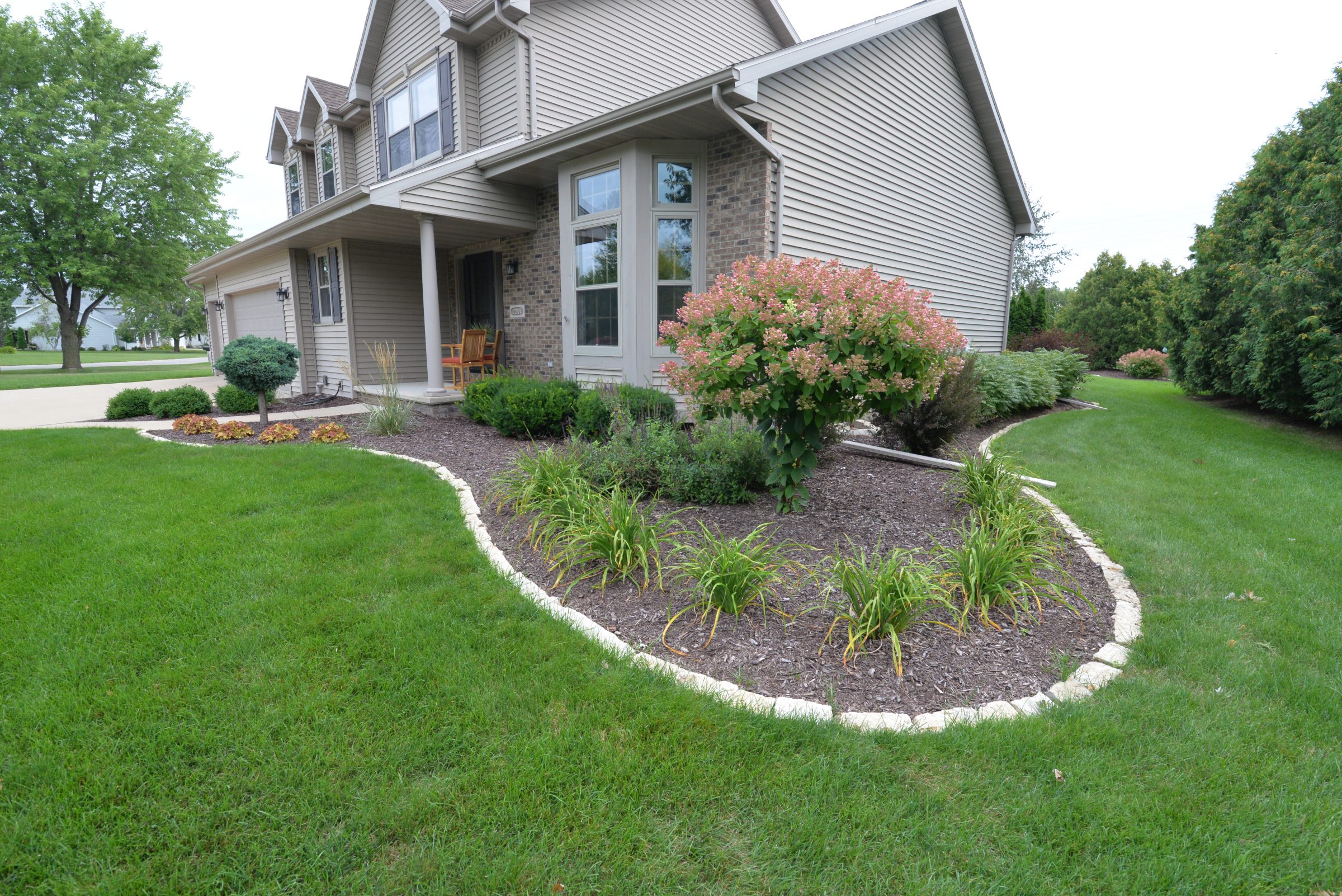 Suburban home with landscaped yard and blooming shrubs