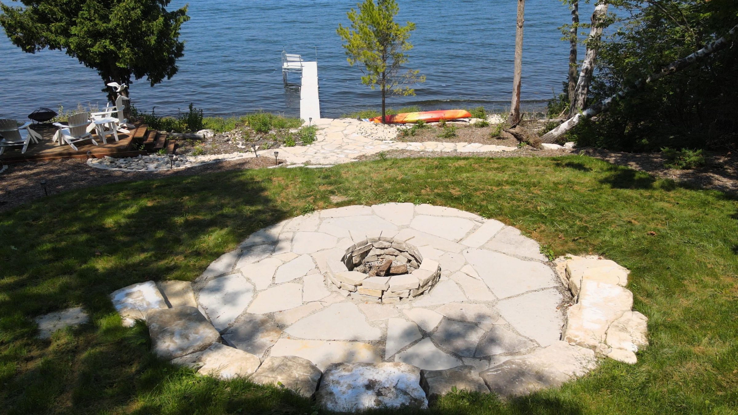 Lakeside backyard with stone fire pit and dock