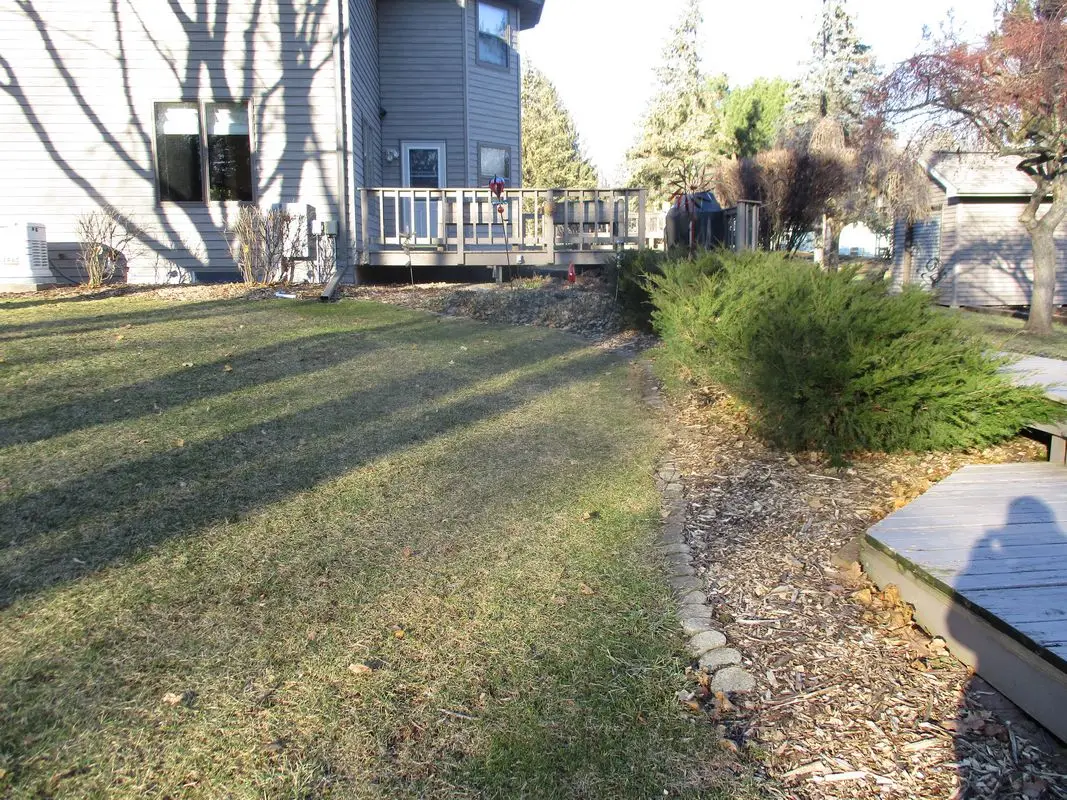Suburban backyard with deck, lawn, and shrubs