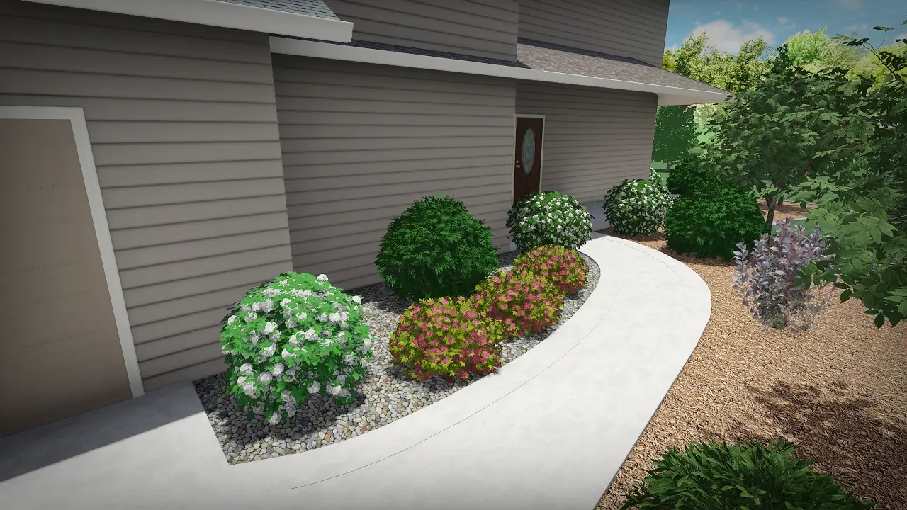 Curved walkway with landscaped shrubs and flowers