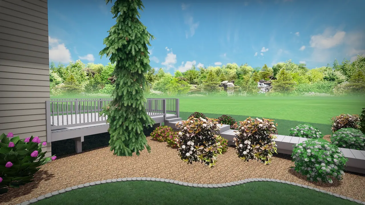 Landscaped backyard with deck, shrubs, and large tree