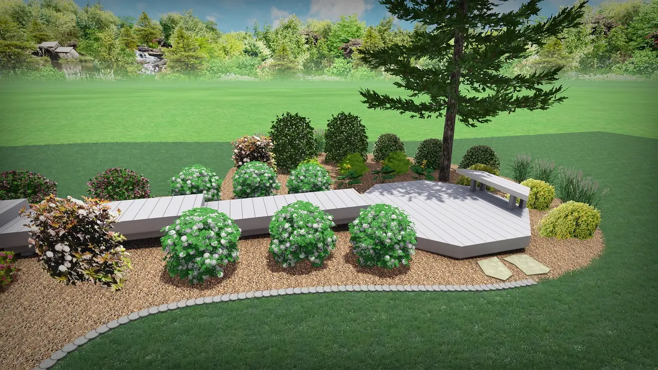 Landscaped backyard with curved deck and shrubs