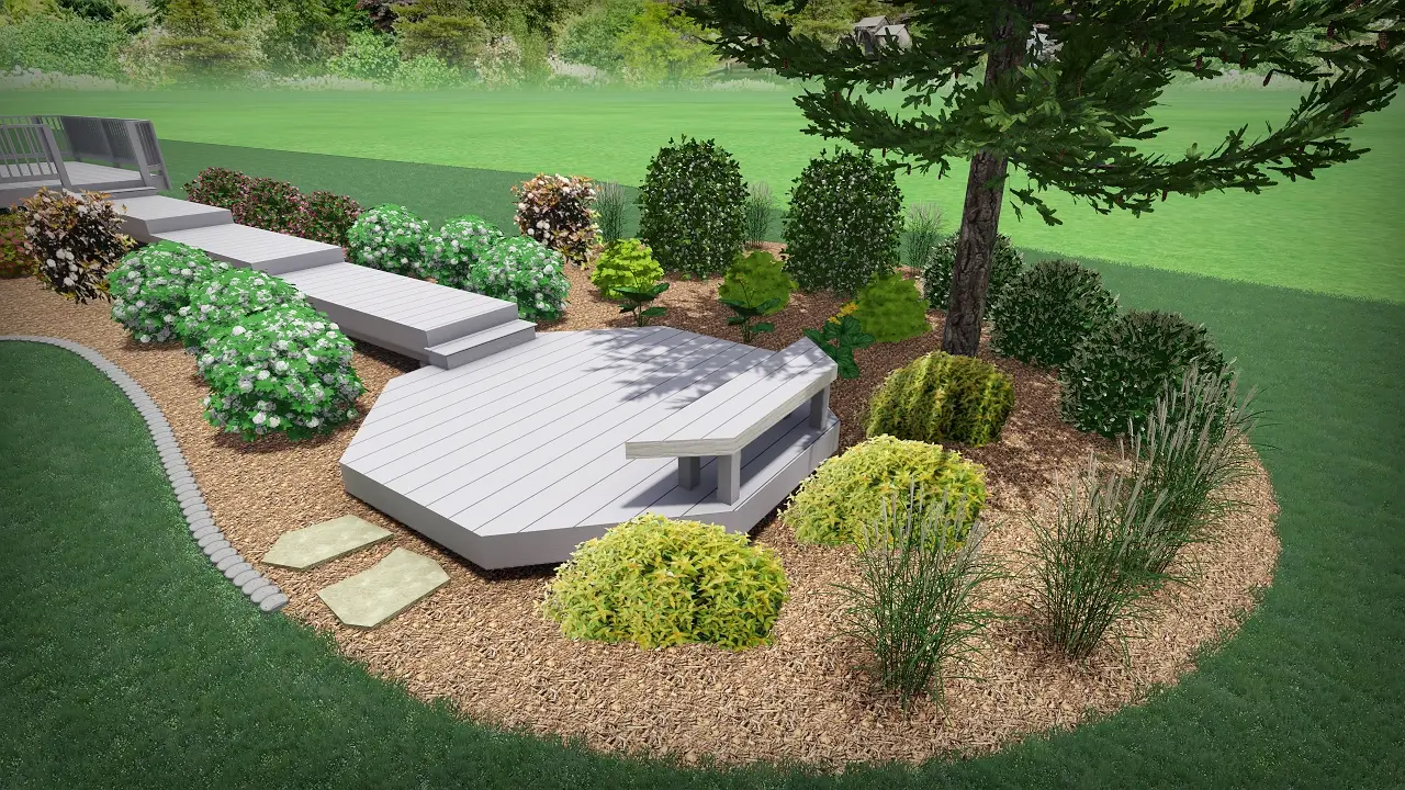 Landscaped backyard with multi-level deck and shrubs