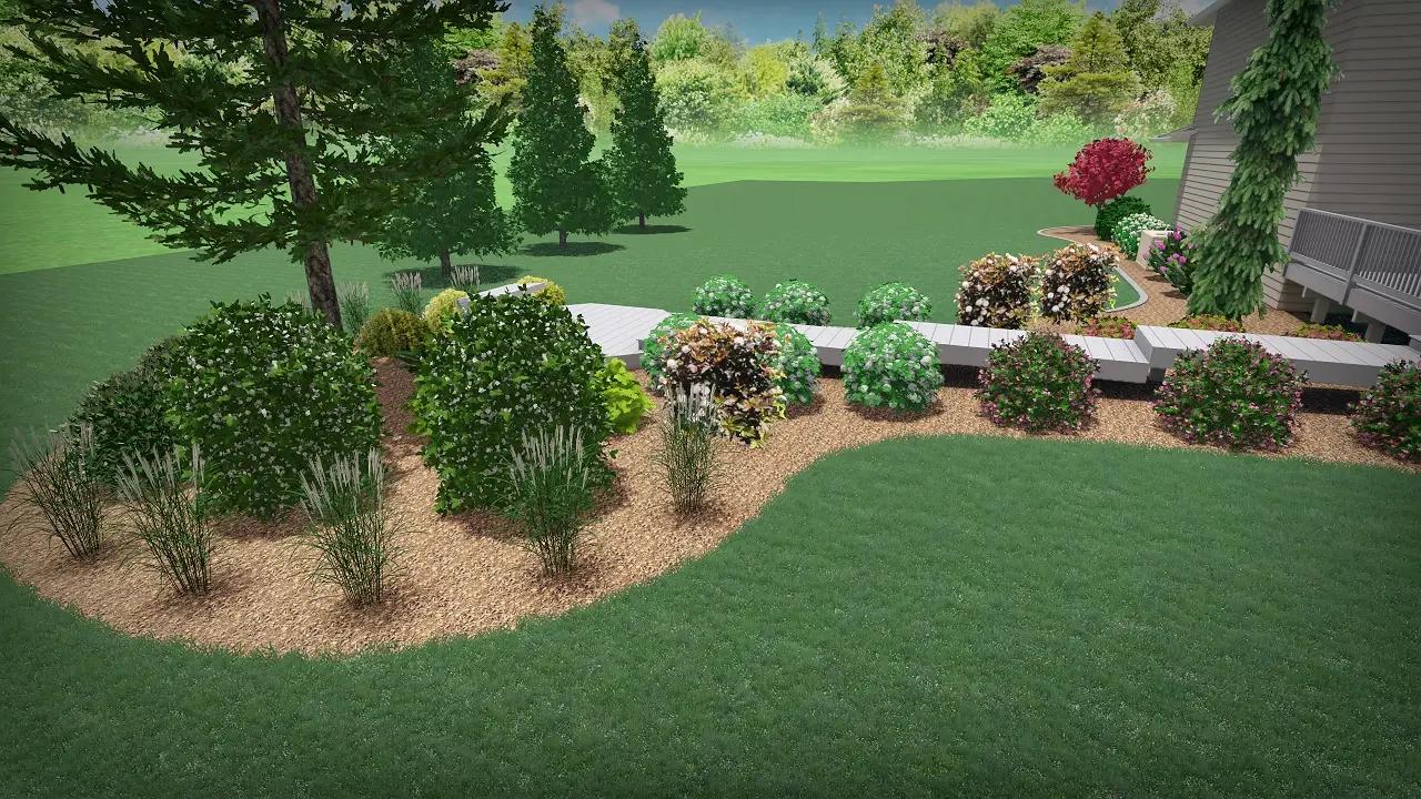 Landscaped backyard with shrubs, mulch beds, and lawn