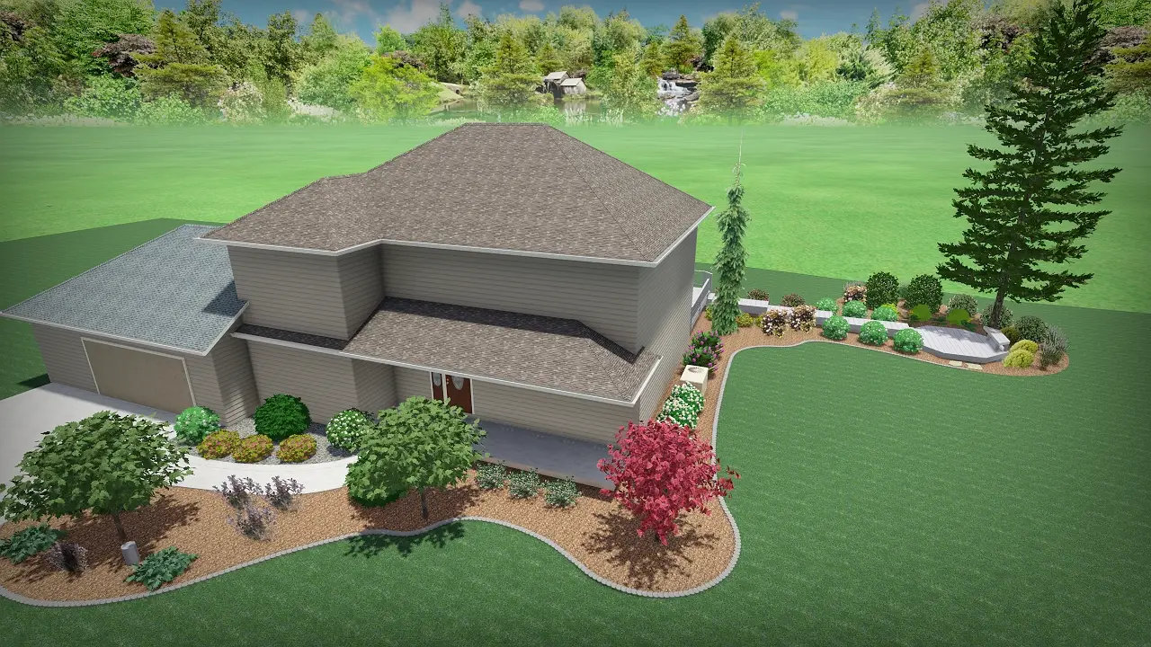 3D rendering of landscaped suburban home exterior