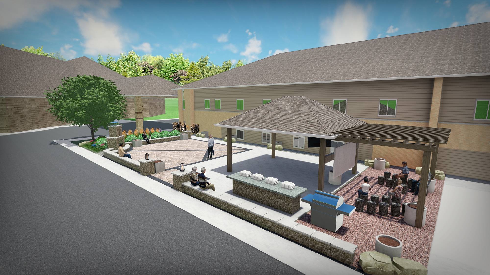 Outdoor courtyard with pergola, seating, and grill area