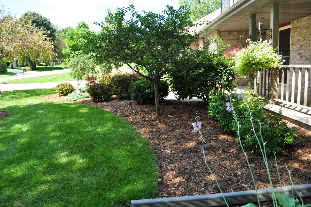 Suburban front yard with landscaped garden and porch